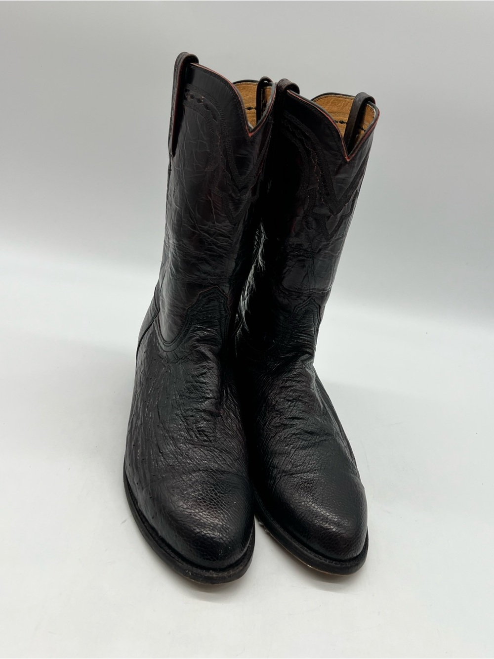 Lucchese 2000 Men 10.5D Black Cherry Ostrich Leather Western Cowboy Roper Boots.